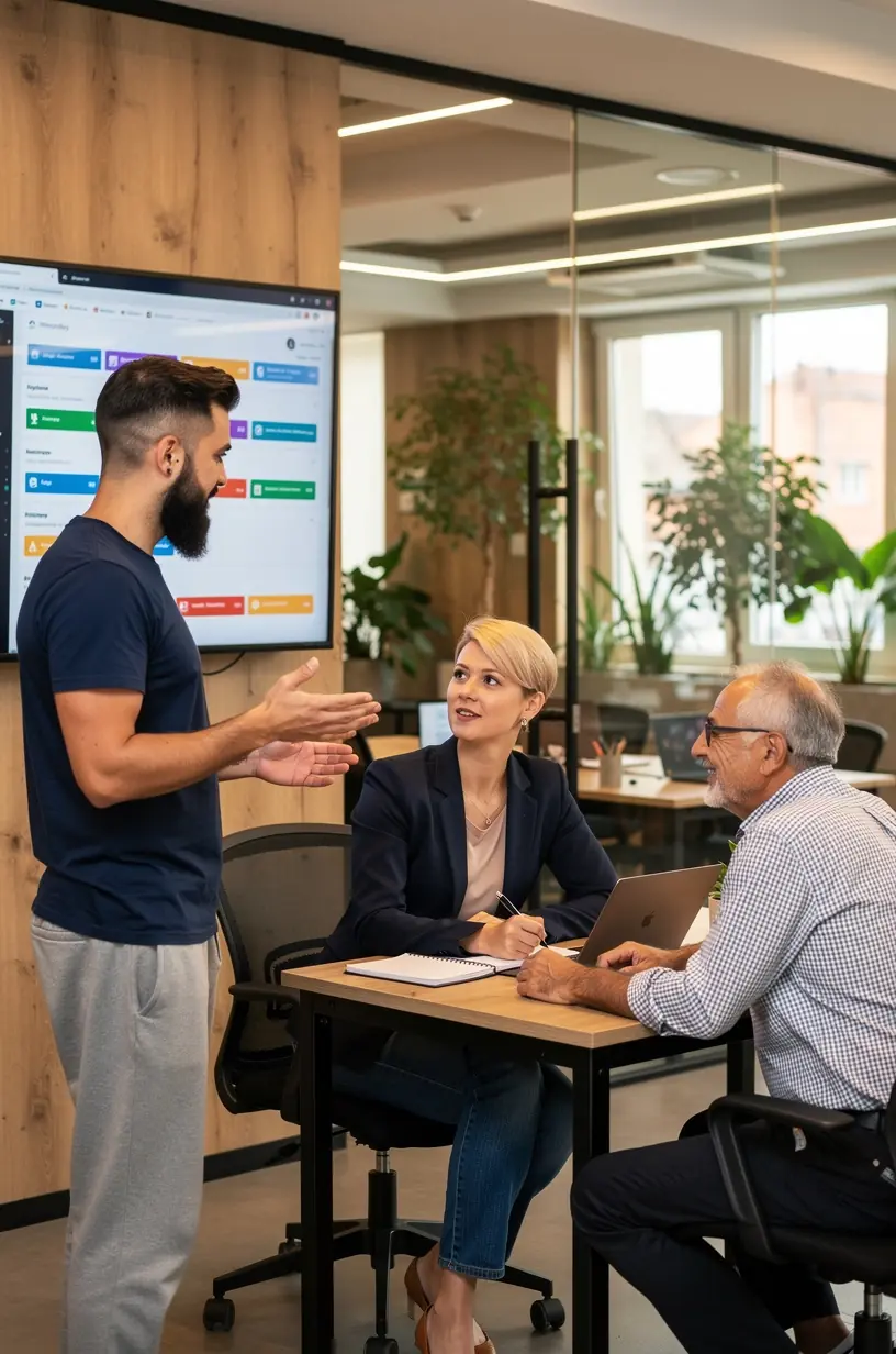 Persoană zâmbitoare folosind laptop într-un birou modern, ilustrând accesibilitatea tehnologiei pentru utilizatorii neexperimentați.